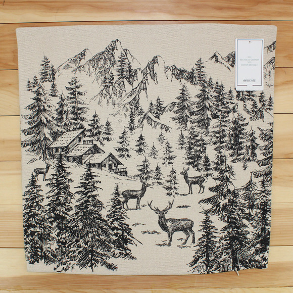H&M Home Printed Pillow Cover 20x20 Winter Cabin Toile Deer Mountain Ski Snow - Picture 11 of 12